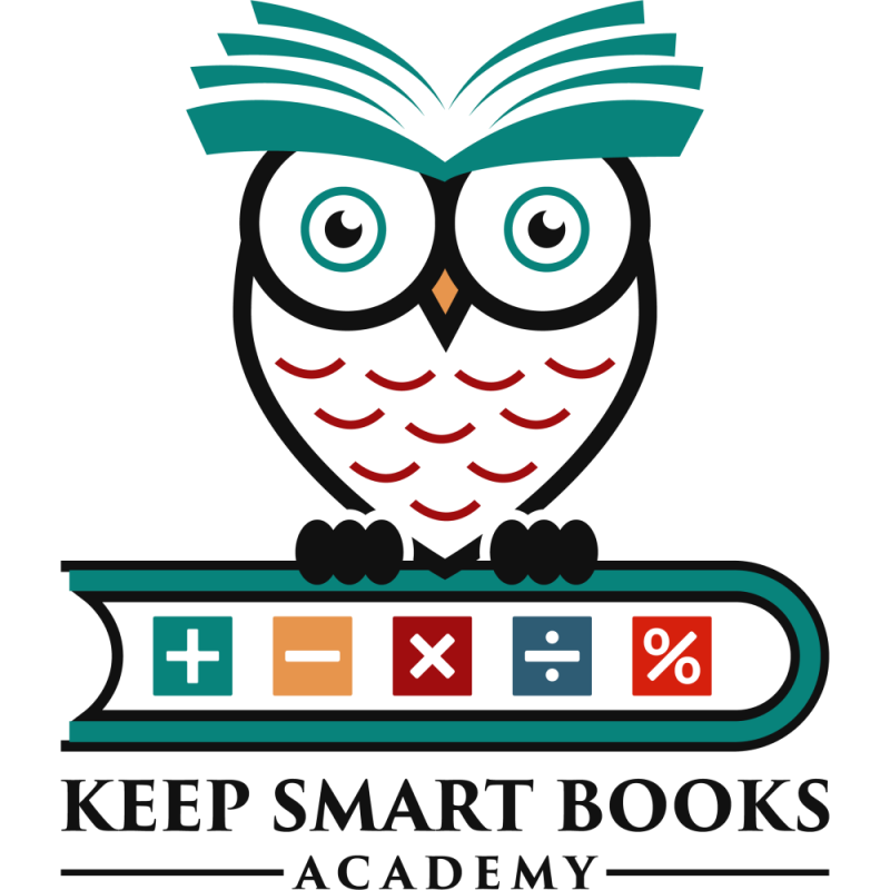 Keep Smart Books Academy logo - owl sitting on a book that has math symbols on it.